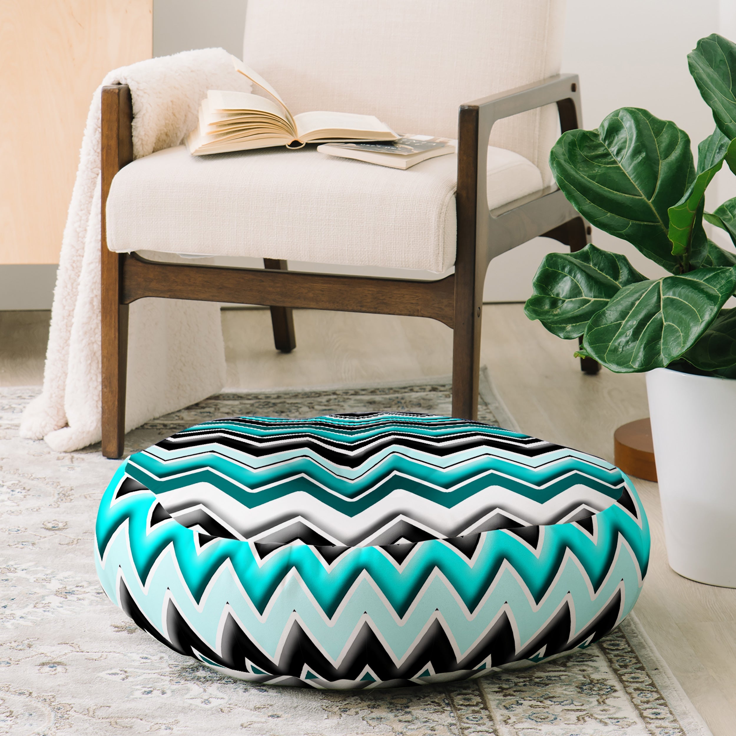 Madart Inc. Turquoise Black White Chevron Floor Pillow Round