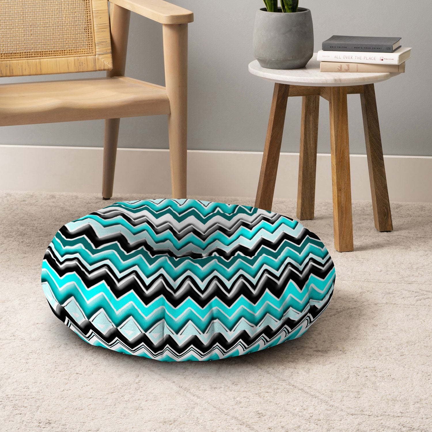 Madart Inc. Turquoise Black White Chevron Floor Pillow Round