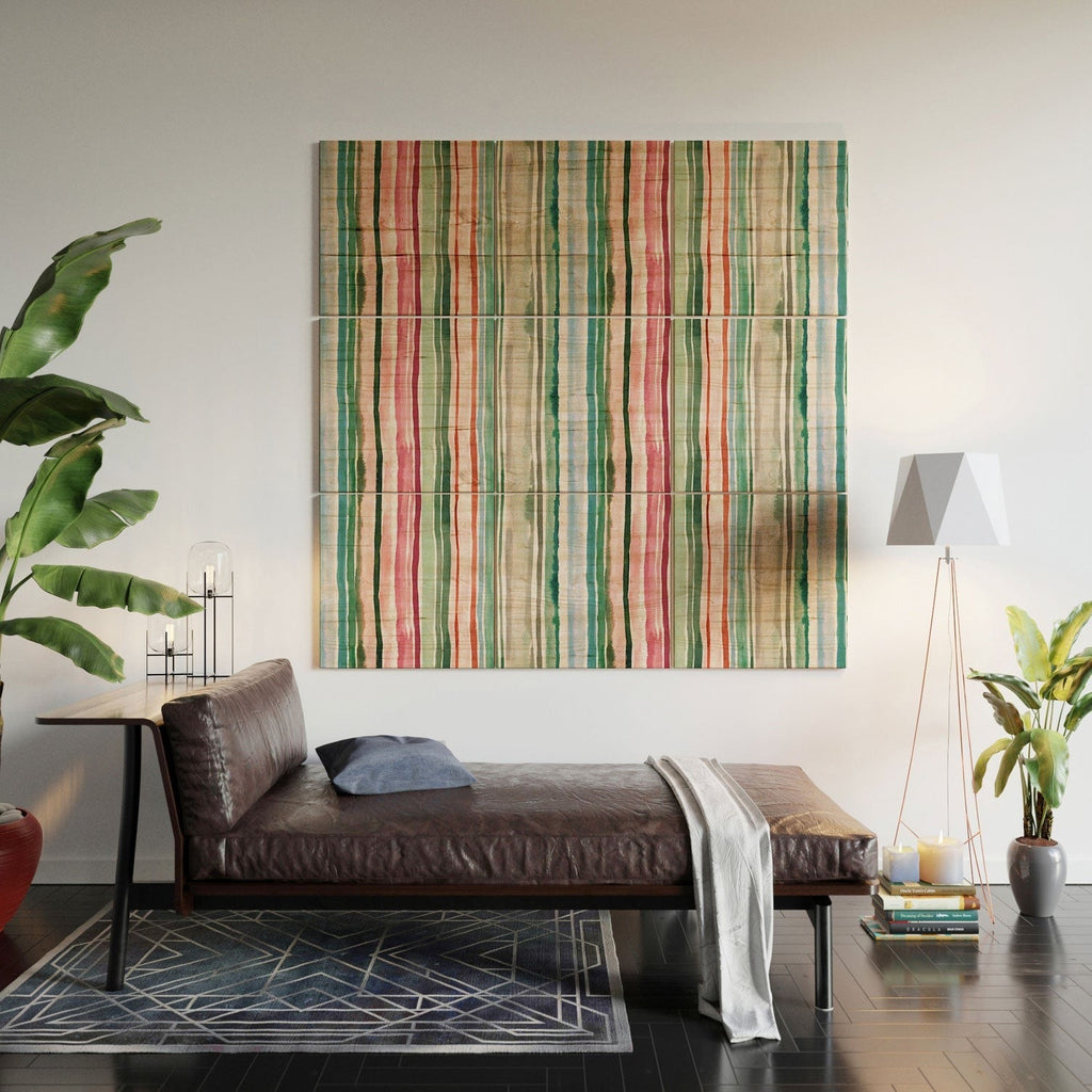 Ninola Design Botanic Retreat Watercolor Stripes Green Orange Red Wood Wall Mural