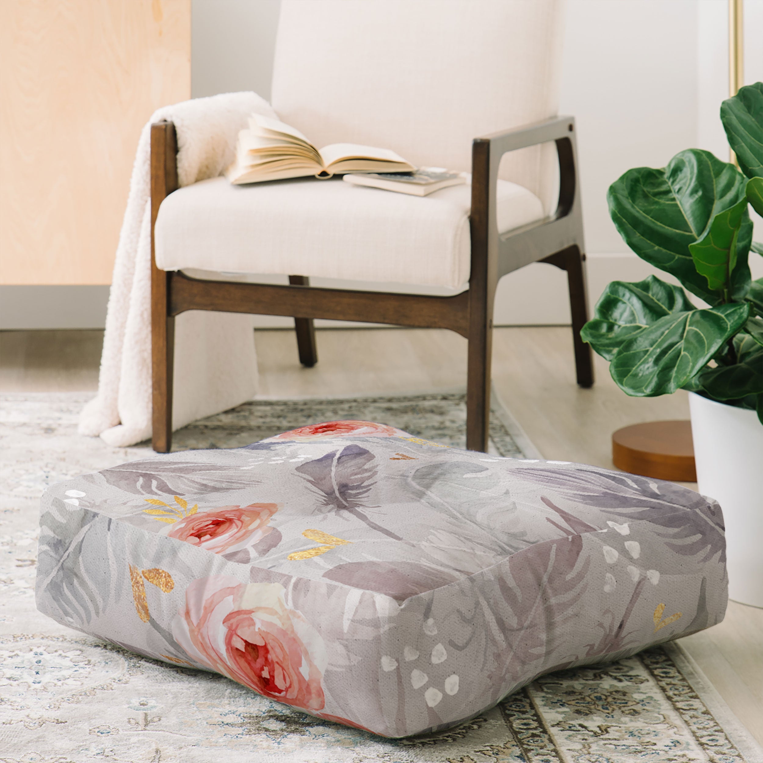 Marta Barragan Camarasa Abstract floral with feathers Floor Pillow Square