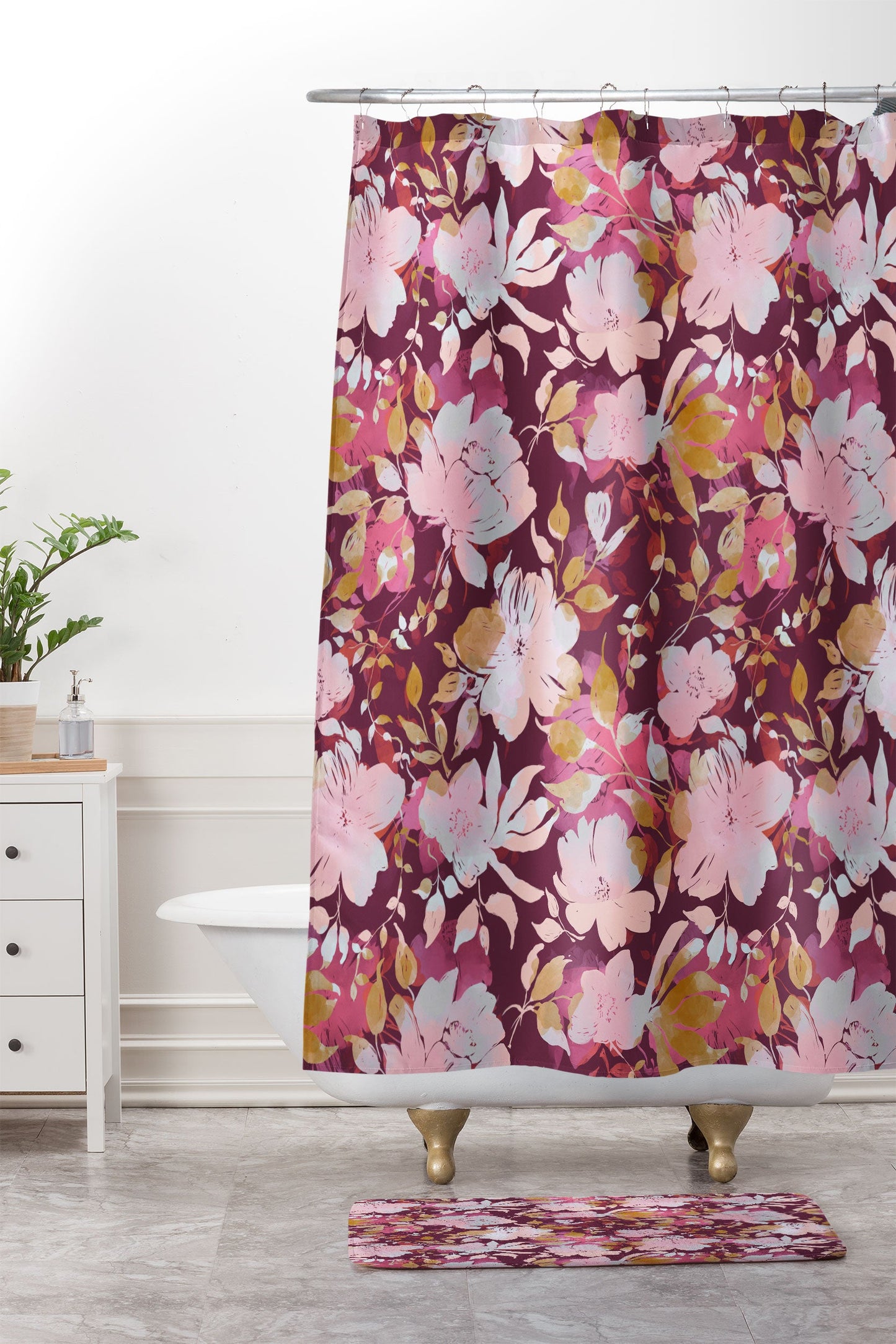 Marta Barragan Camarasa Blossoming Burgundy Fall Shower Curtain And Mat