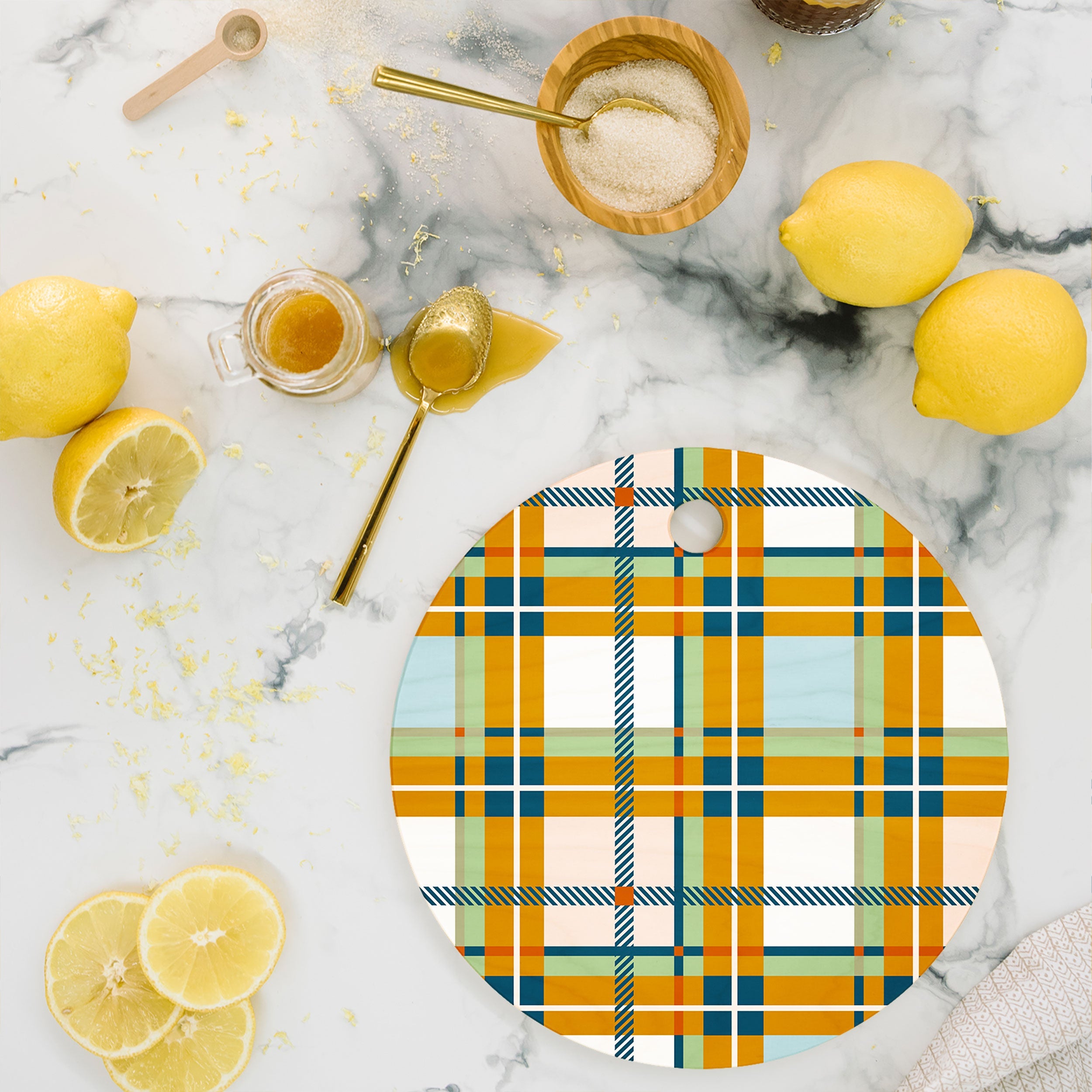Marta Barragan Camarasa Warm Plaid Fusion Cutting Board Round
