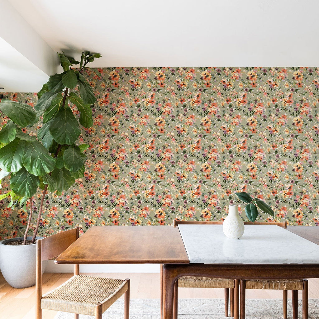 Ninola Design Botanic Retreat Painterly Tropical Flowers Sage Green Wallpaper