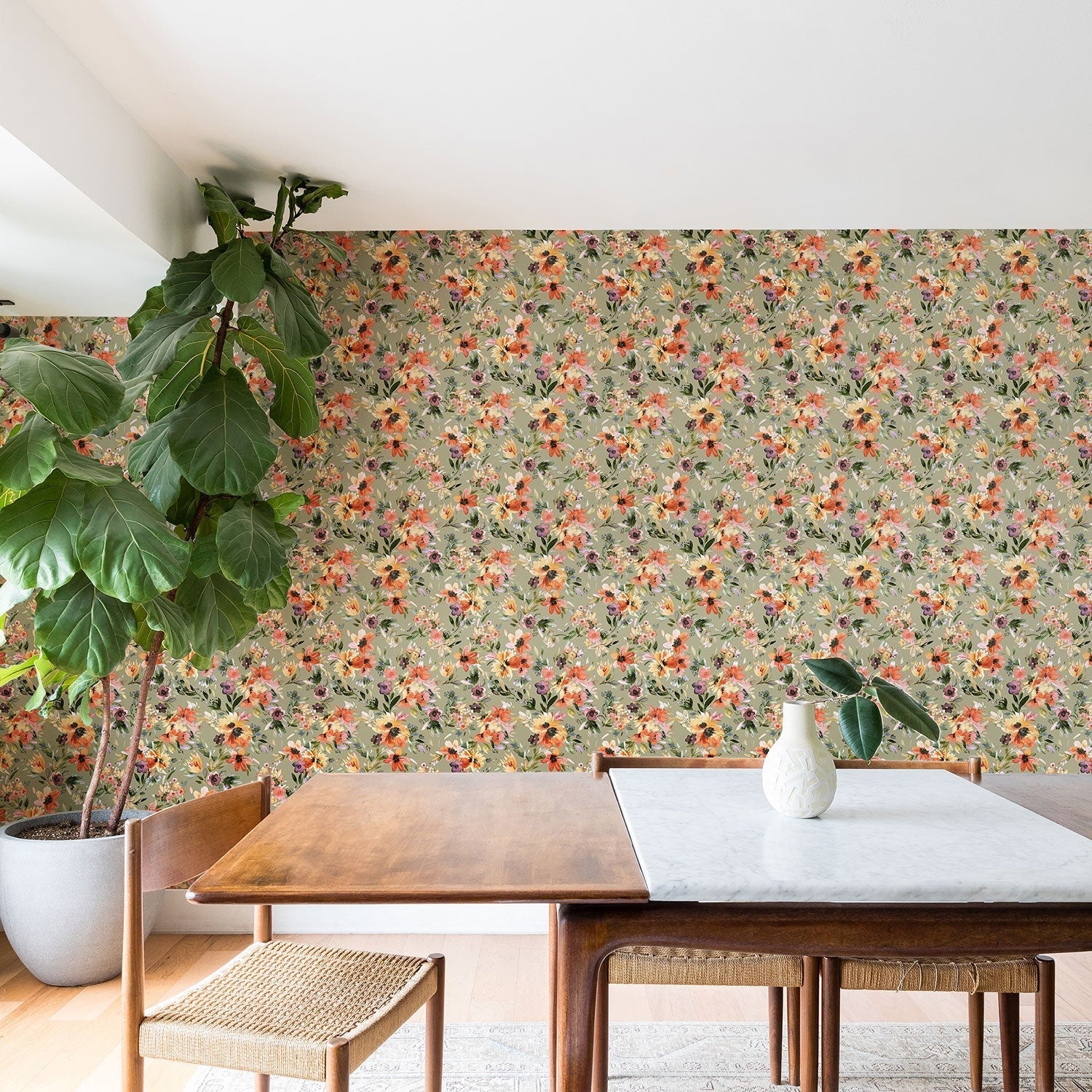 Ninola Design Botanic Retreat Painterly Tropical Flowers Sage Green Wallpaper
