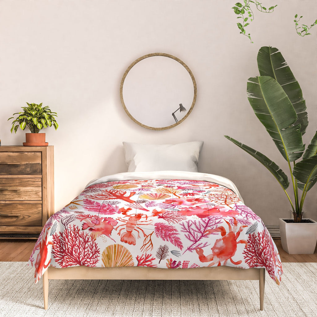 Ninola Design Botanic Retreat Coral Reef Crab Lobster Red Comforter