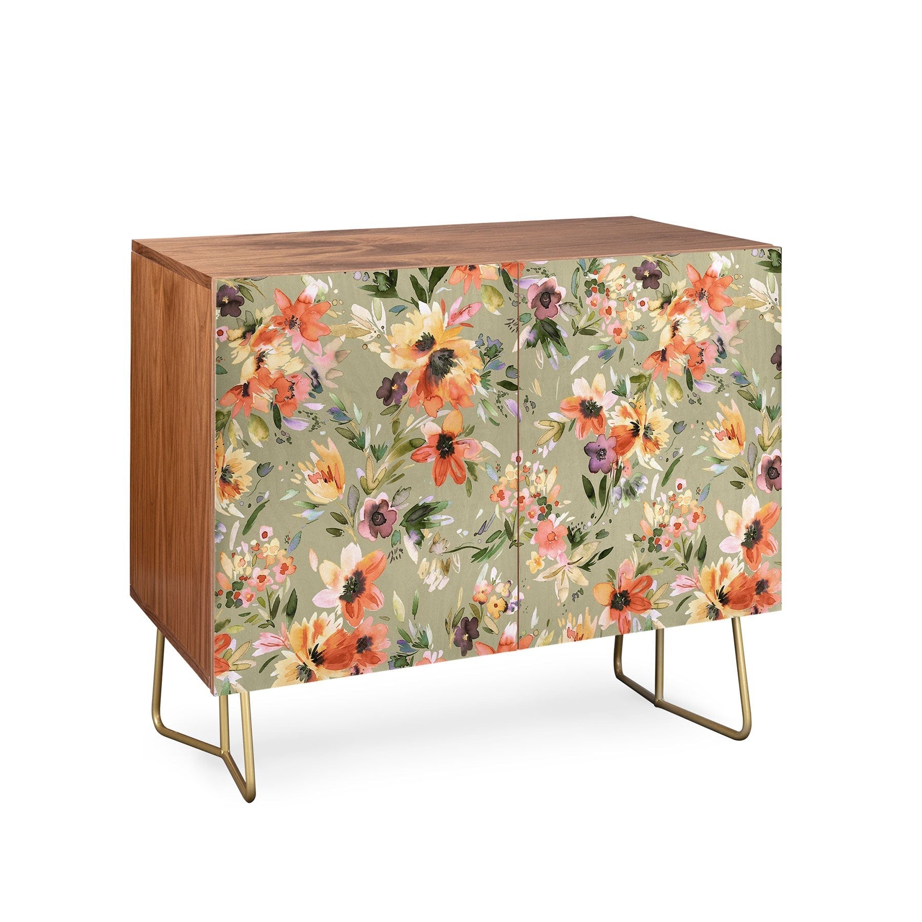 Ninola Design Botanic Retreat Painterly Tropical Flowers Sage Green Credenza