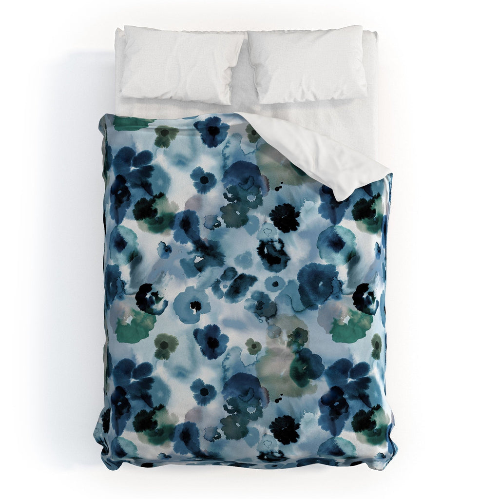 Ninola Design Botanic Retreat Ombre Abstract Watercolor Flowers Blue Navy Duvet Cover