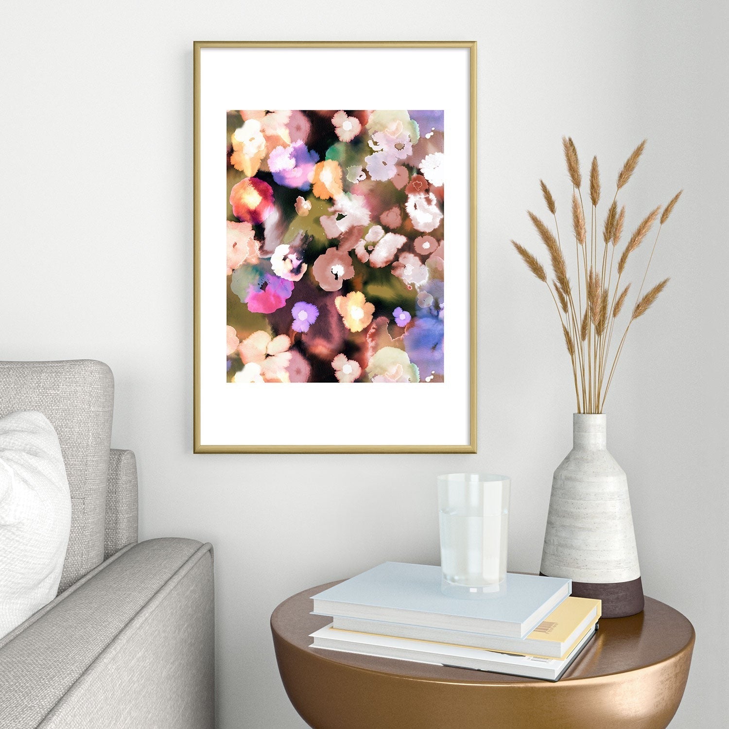 Ninola Design Botanic Retreat Ombre Abstract Watercolor Flowers Pink gold Metal Framed Art Print