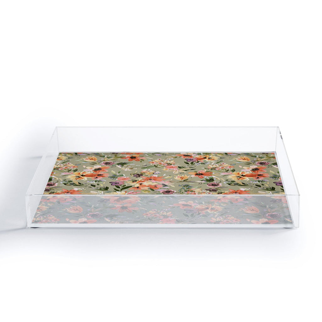 Ninola Design Botanic Retreat Painterly Tropical Flowers Sage Green Acrylic Tray