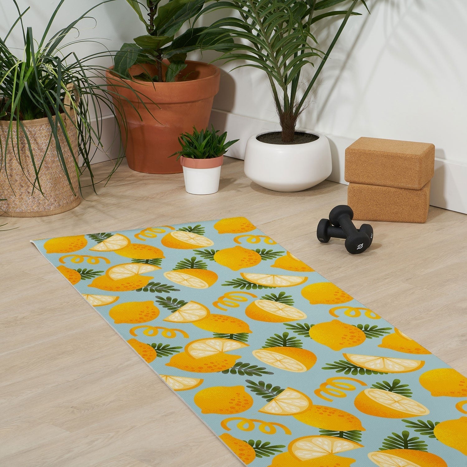 Jessica Molina Lemon Pattern on Sky Blue Yoga Mat