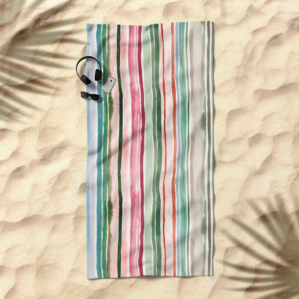 Ninola Design Botanic Retreat Watercolor Stripes Green Orange Red Beach Towel
