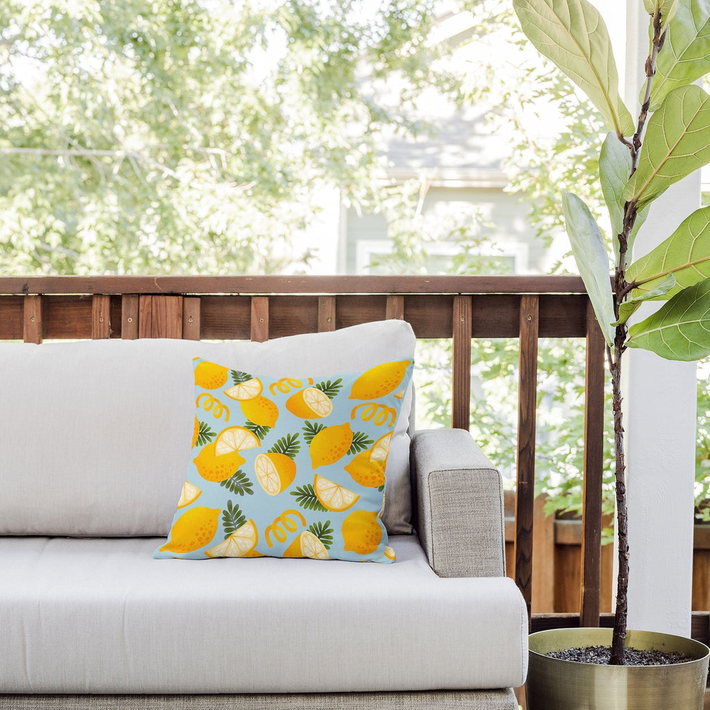 Jessica Molina Lemon Pattern on Sky Blue Outdoor Throw Pillow