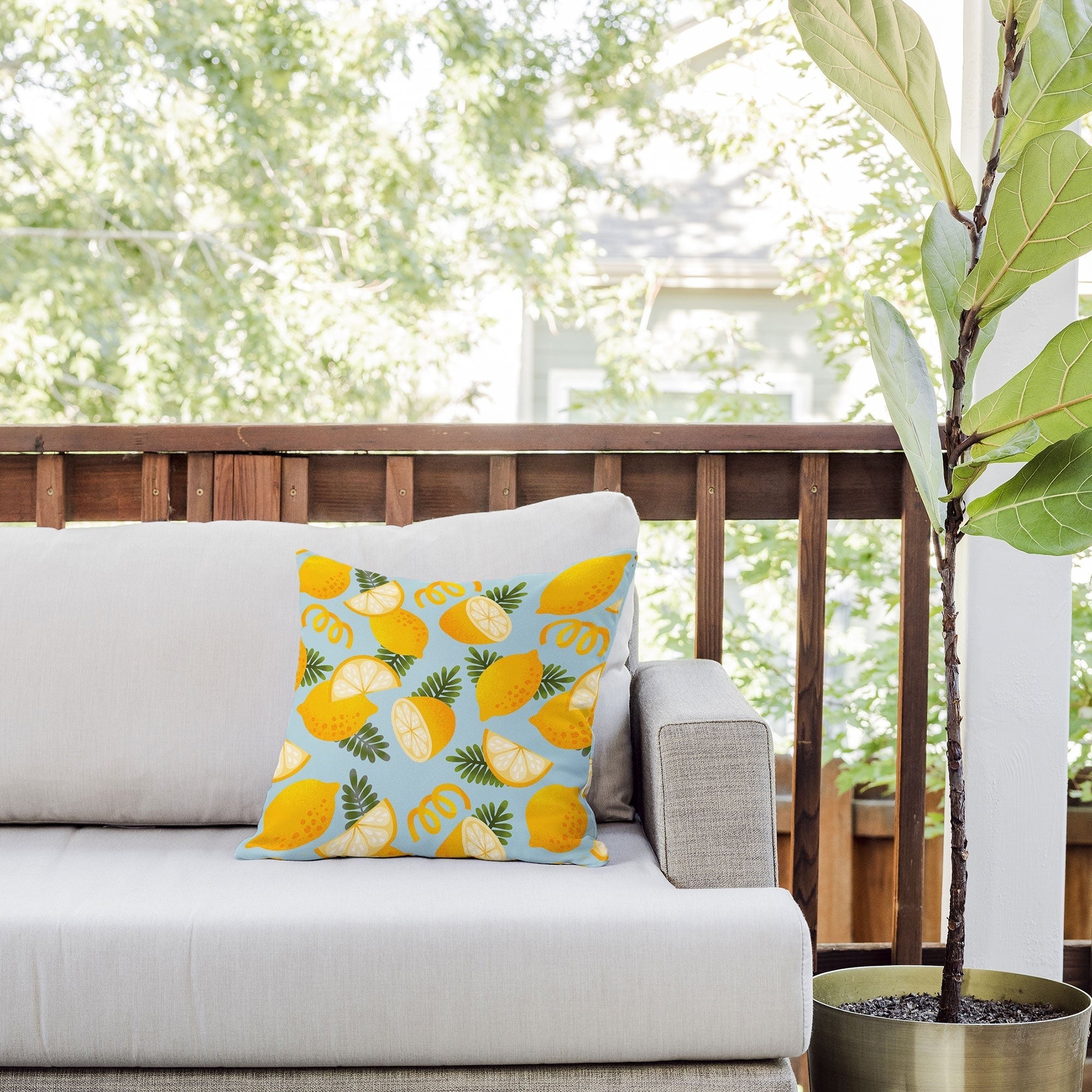 Jessica Molina Lemon Pattern on Sky Blue Outdoor Throw Pillow