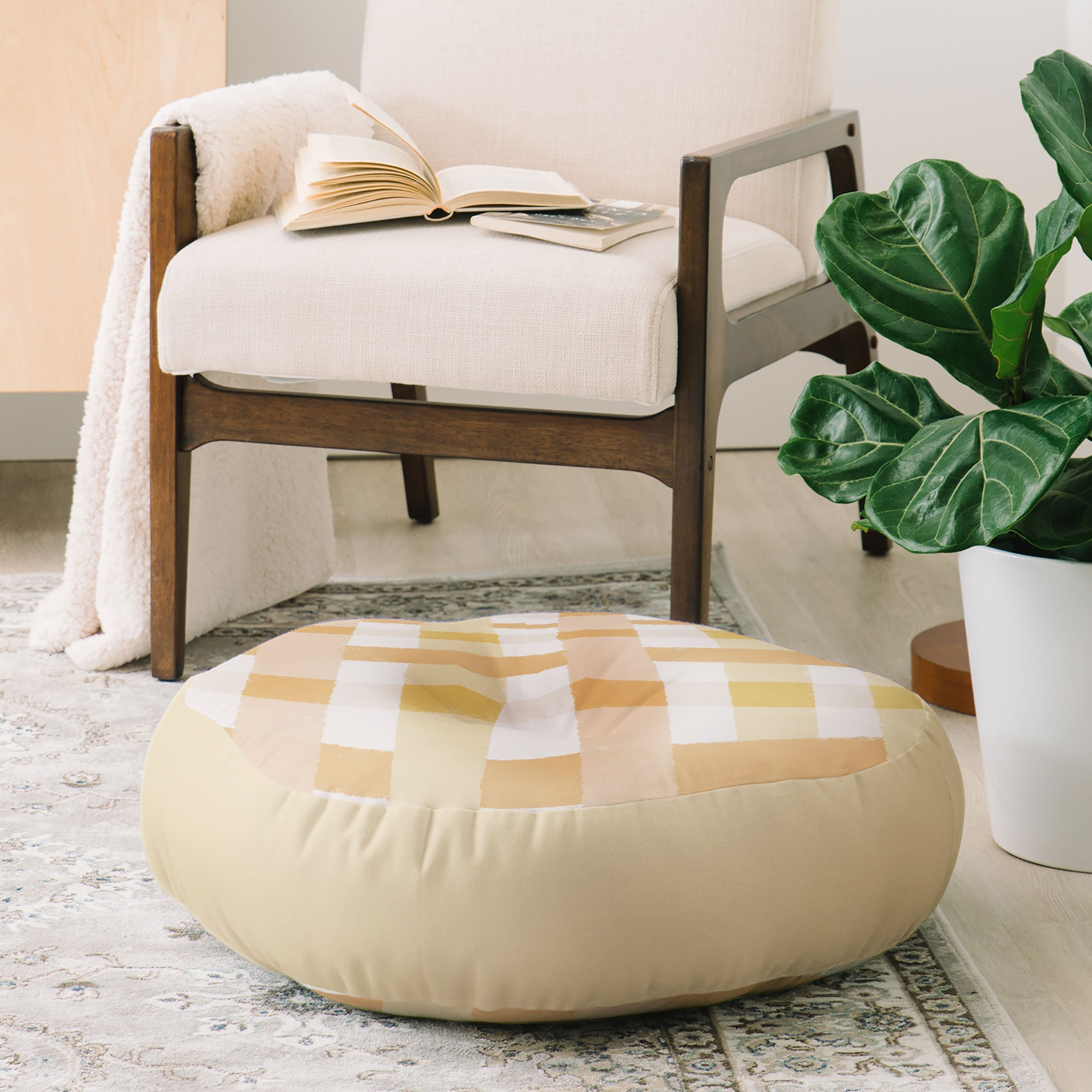 Menina Lisboa Yellow Pink Gingham Floor Pillow Round