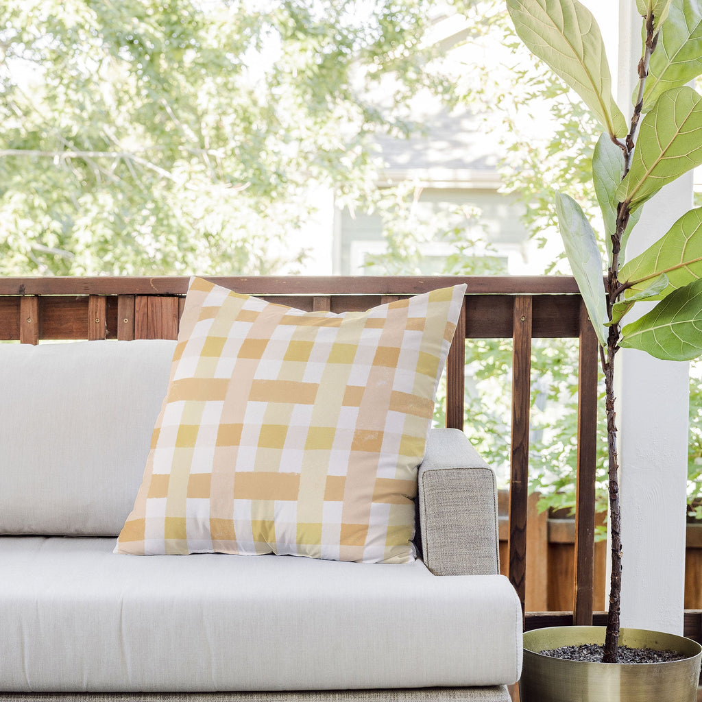 Menina Lisboa Yellow Pink Gingham Outdoor Throw Pillow