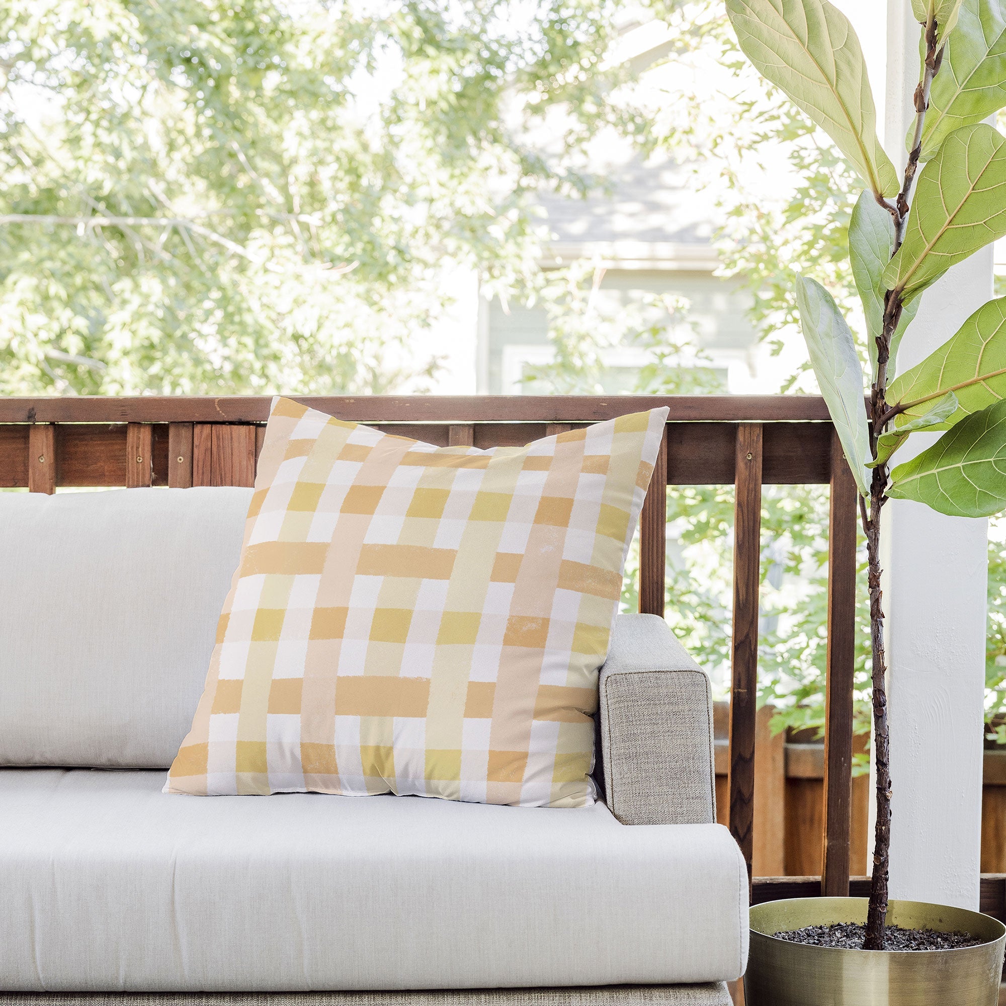 Menina Lisboa Yellow Pink Gingham Outdoor Throw Pillow
