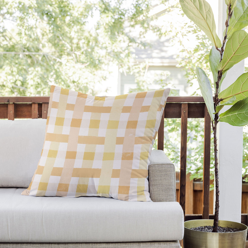 Menina Lisboa Yellow Pink Gingham Outdoor Throw Pillow