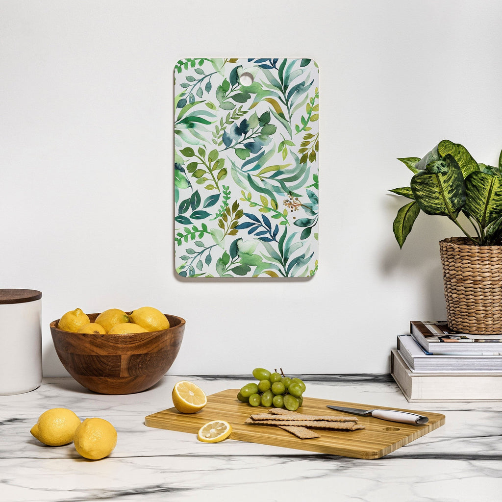 Ninola Design Botanic Retreat Loose Botanical Leaves Watercolor Green Cutting Board Rectangle