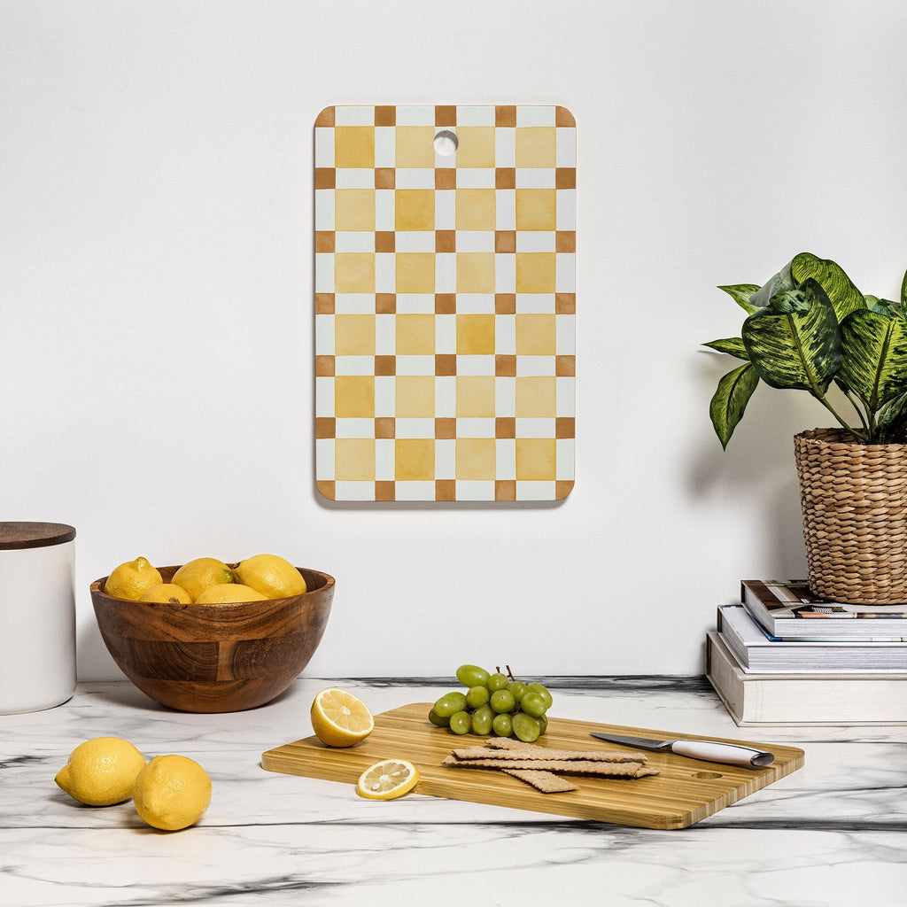 Ninola Design Everyday Artifact Checker Mosaic Tiles Geometry Yellow Cutting Board Rectangle