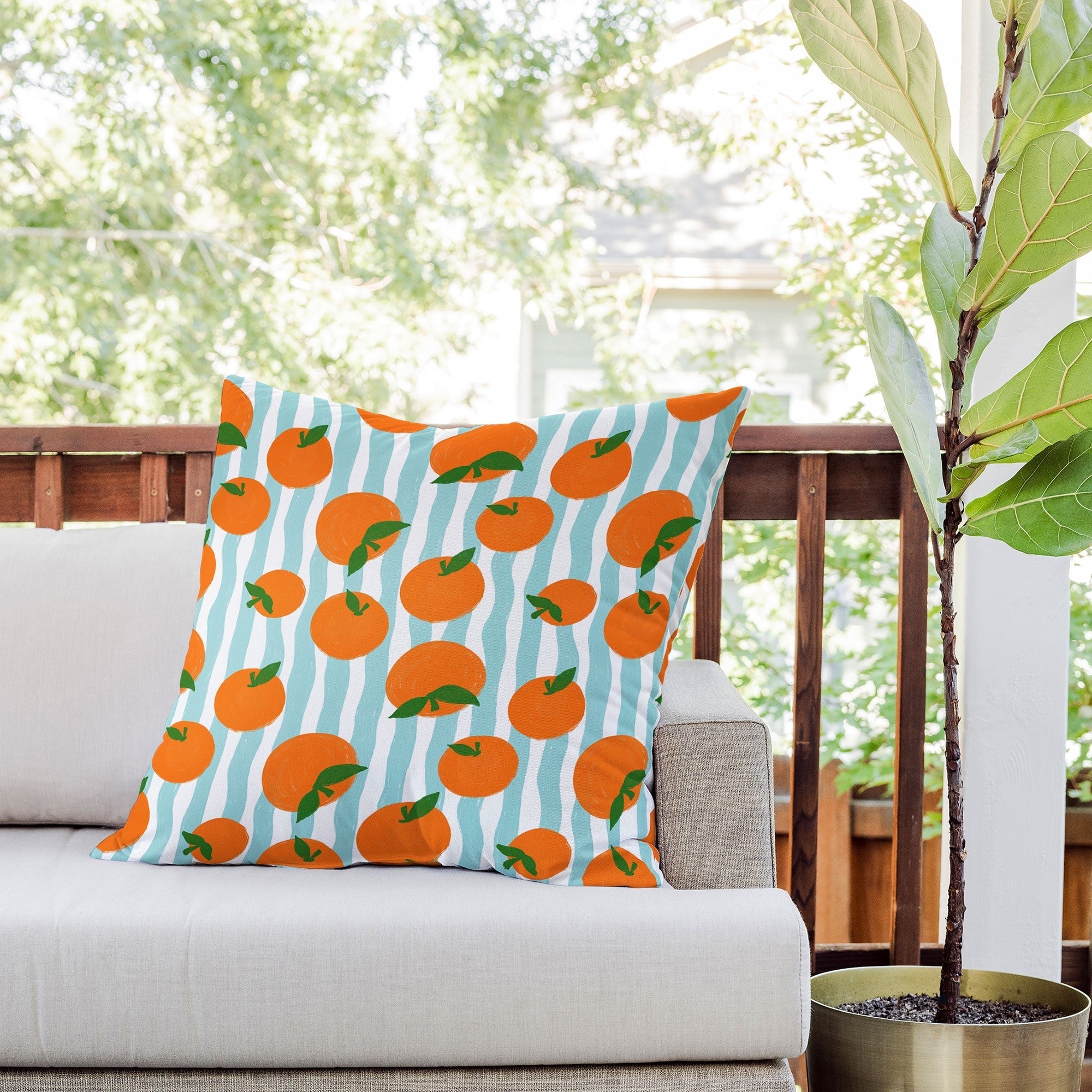 Design by Spark Zesty Oranges and Stripes Outdoor Throw Pillow