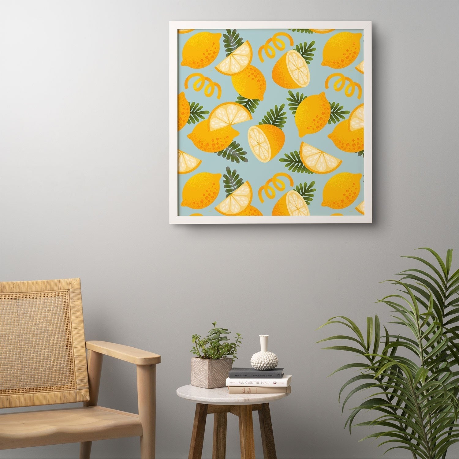 Jessica Molina Lemon Pattern on Sky Blue Framed Wall Art