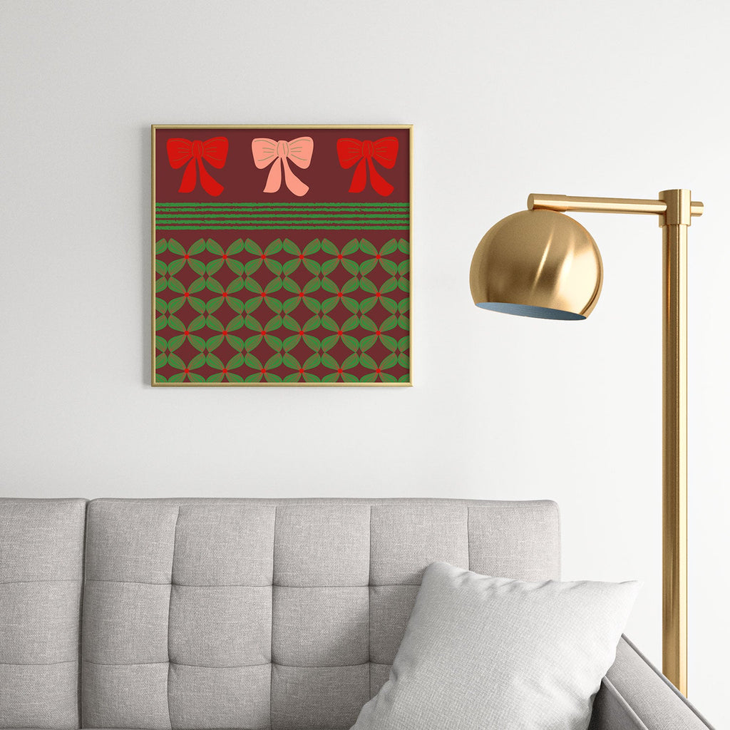 Mirimo Bows and Christmas Greens Square Metal Framed Art Print