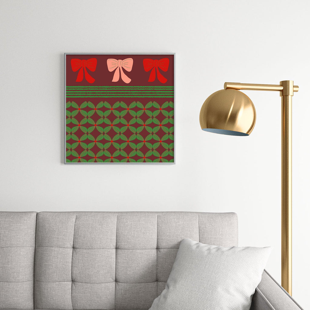 Mirimo Bows and Christmas Greens Square Metal Framed Art Print