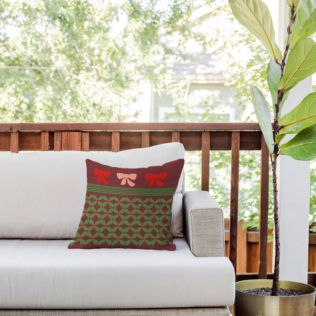 Mirimo Bows and Christmas Greens Outdoor Throw Pillow