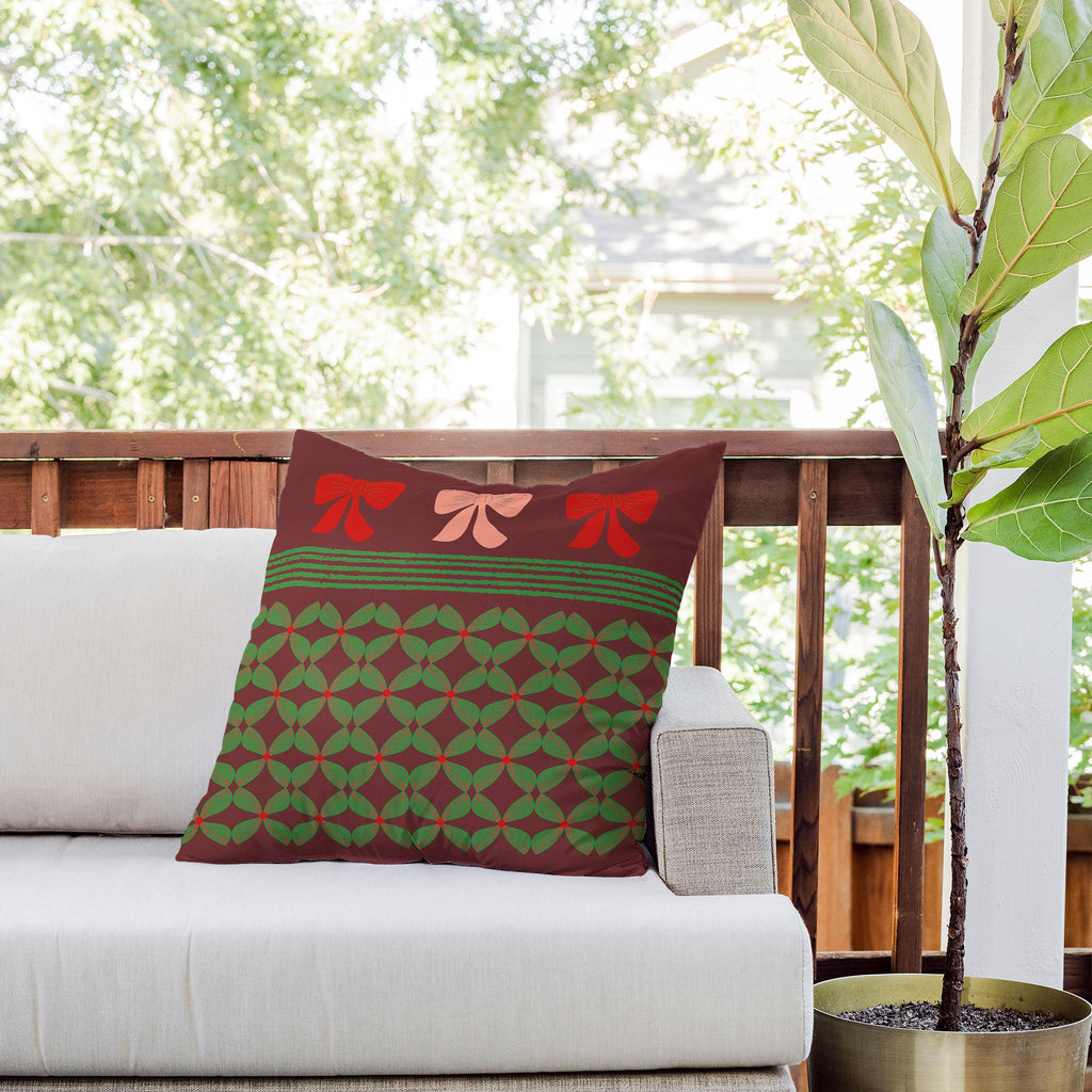 Mirimo Bows and Christmas Greens Outdoor Throw Pillow