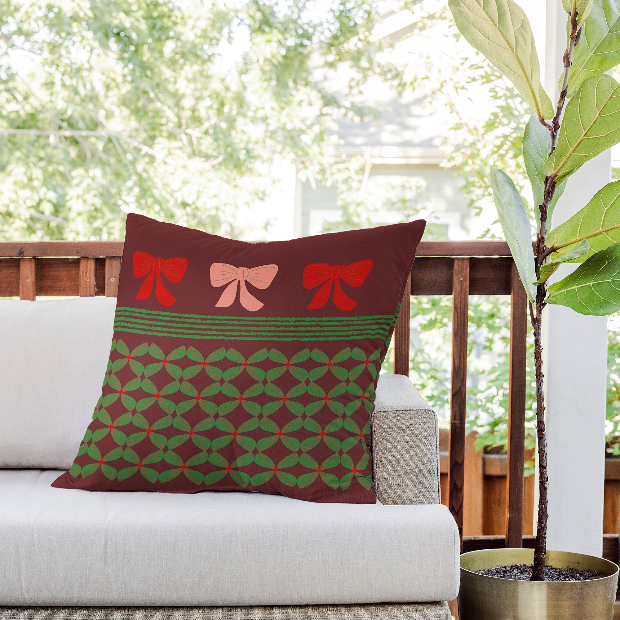 Mirimo Bows and Christmas Greens Outdoor Throw Pillow