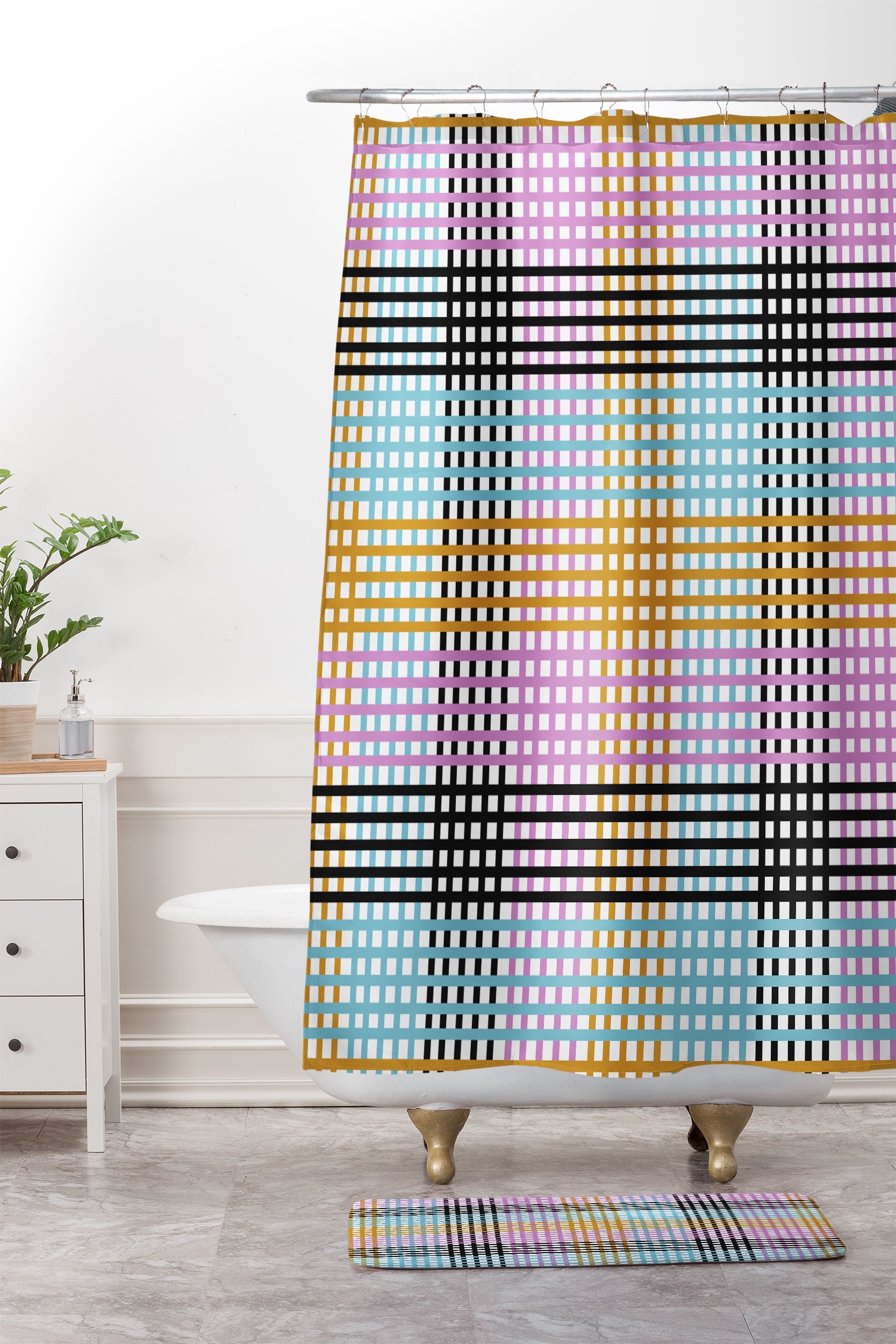 Mirimo Multicolor Gingham Grid Shower Curtain And Mat