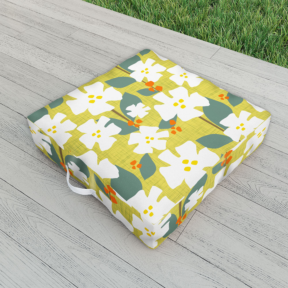 Mirimo White flowers and red berries Outdoor Floor Cushion