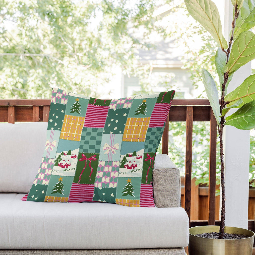 LouBruzzoni Cozy Christmas Patchwork Outdoor Throw Pillow