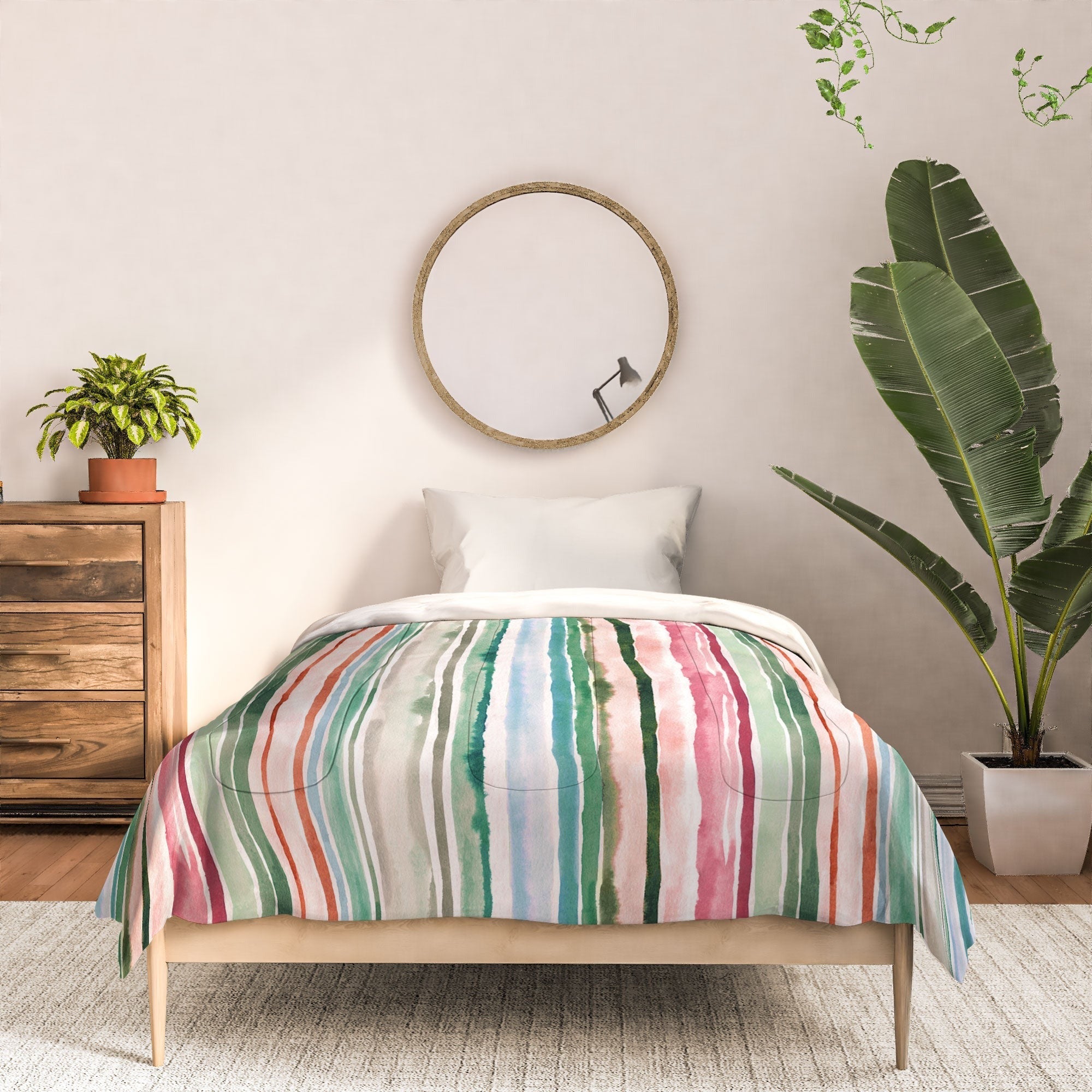 Ninola Design Botanic Retreat Watercolor Stripes Green Orange Red Comforter