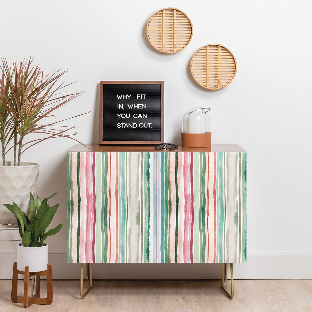 Ninola Design Botanic Retreat Watercolor Stripes Green Orange Red Credenza