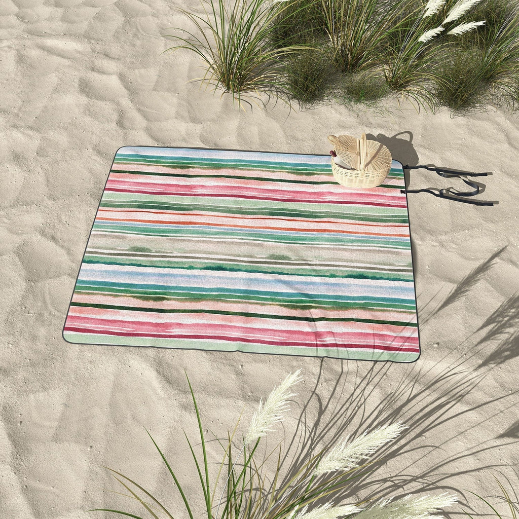 Ninola Design Botanic Retreat Watercolor Stripes Green Orange Red Picnic Blanket