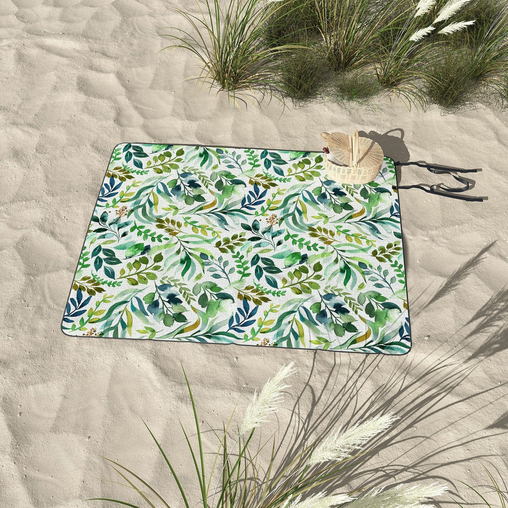 Ninola Design Botanic Retreat Loose Botanical Leaves Watercolor Green Picnic Blanket