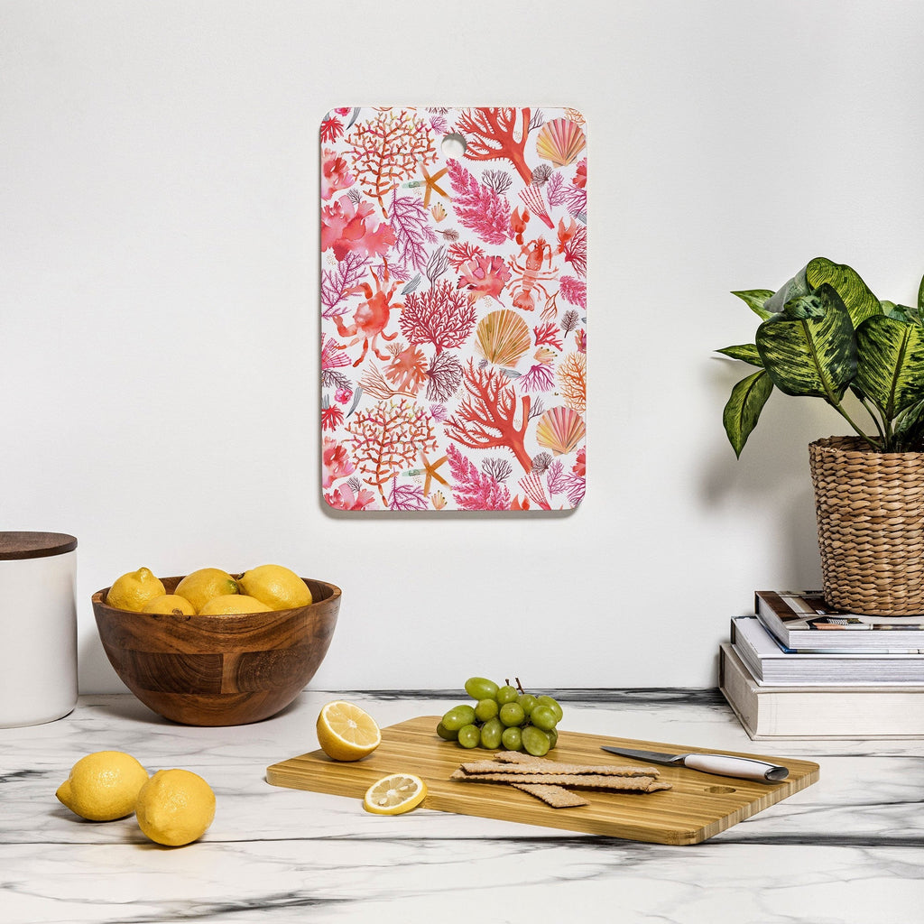 Ninola Design Botanic Retreat Coral Reef Crab Lobster Red Cutting Board Rectangle
