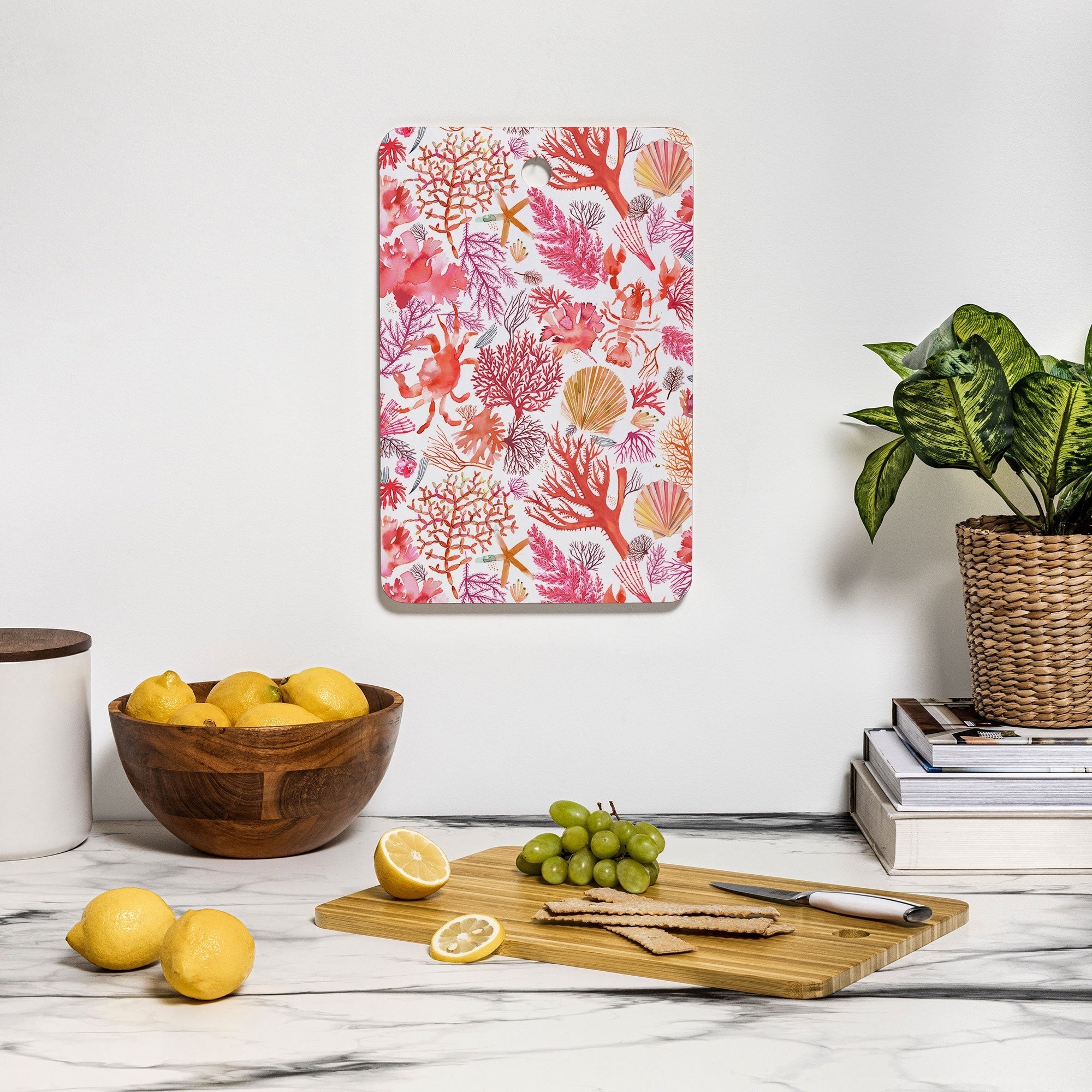 Ninola Design Botanic Retreat Coral Reef Crab Lobster Red Cutting Board Rectangle