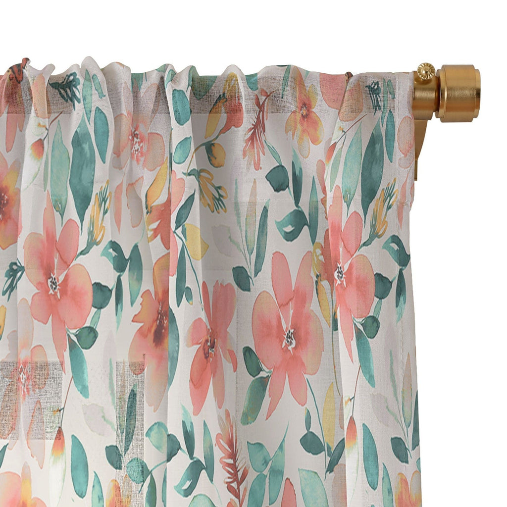 Ninola Design Botanic Retreat Tropical Whimsical Flowers Coral Green Sheer Window Curtain