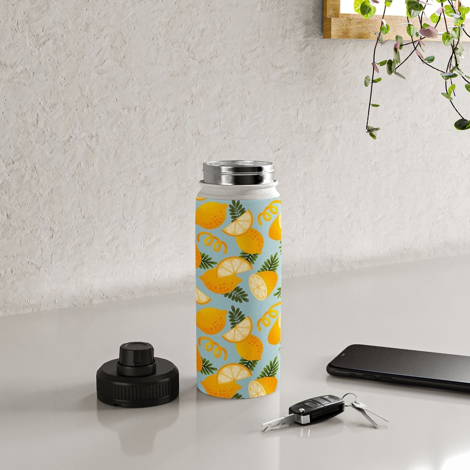 Jessica Molina Lemon Pattern on Sky Blue Water Bottle