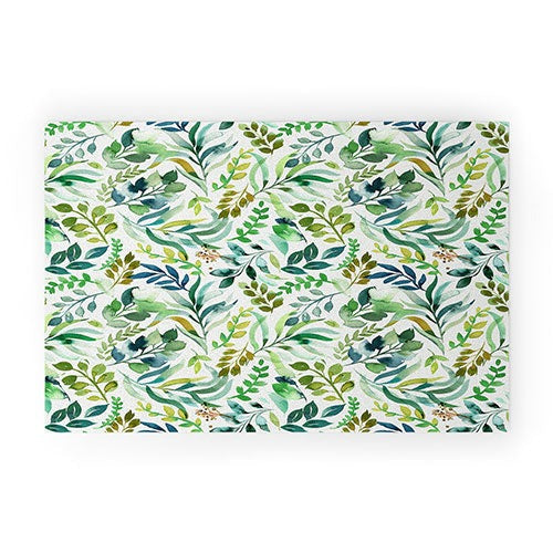 Ninola Design Botanic Retreat Loose Botanical Leaves Watercolor Green Welcome Mat