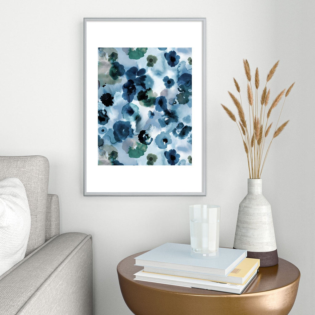 Ninola Design Botanic Retreat Ombre Abstract Watercolor Flowers Blue Navy Metal Framed Art Print