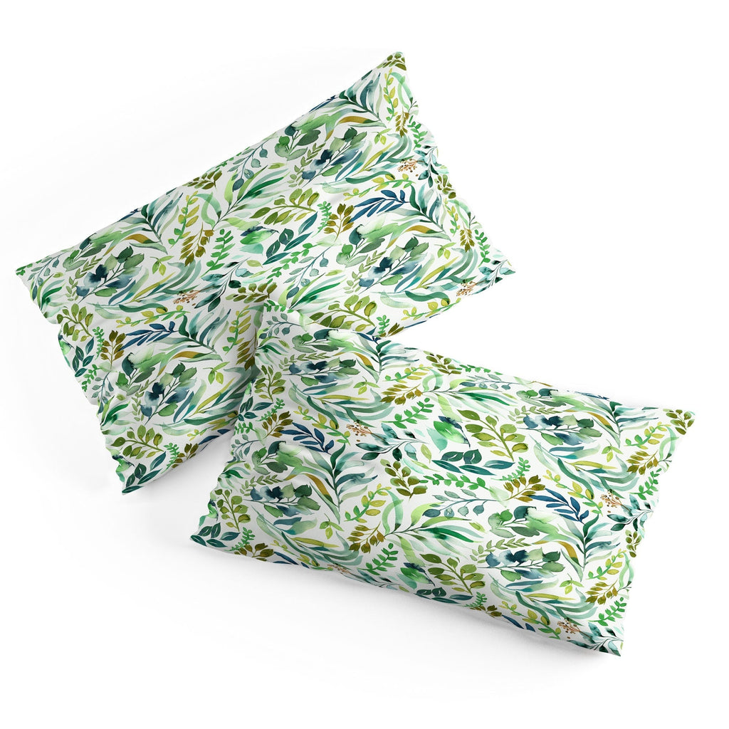 Ninola Design Botanic Retreat Loose Botanical Leaves Watercolor Green Pillow Shams