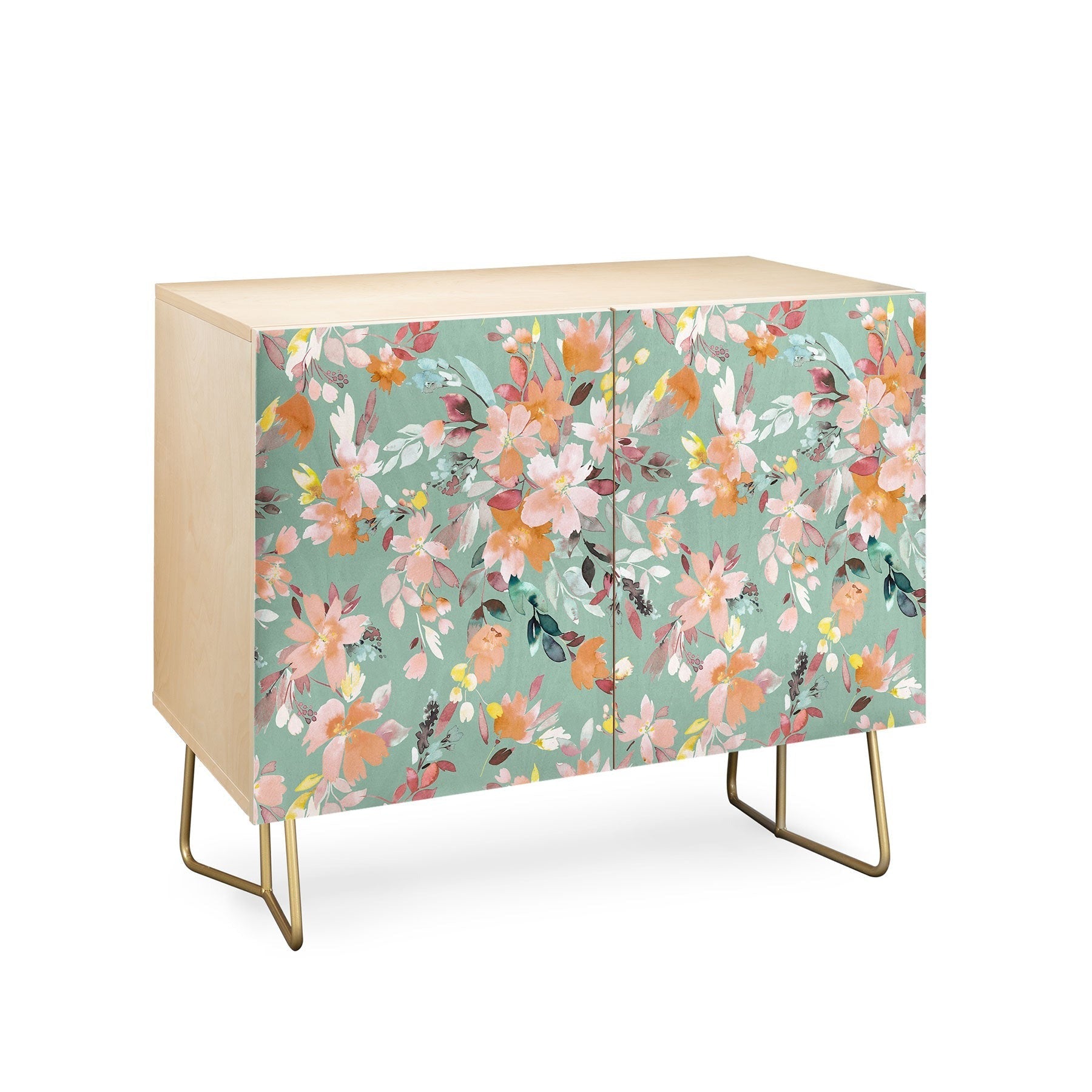 Ninola Design Botanic Retreat Floral Oleander Whimsical Teal Green Credenza