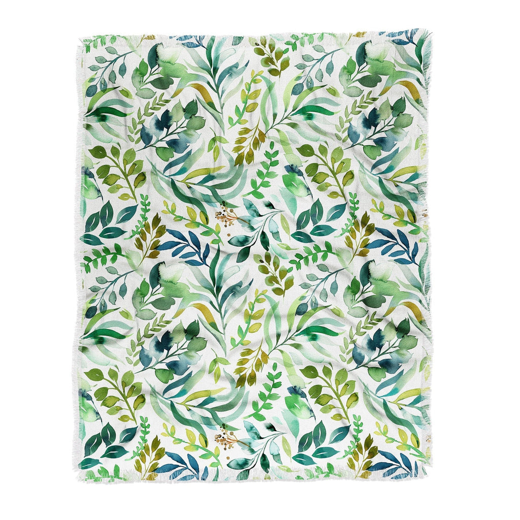 Ninola Design Botanic Retreat Loose Botanical Leaves Watercolor Green Throw Blanket