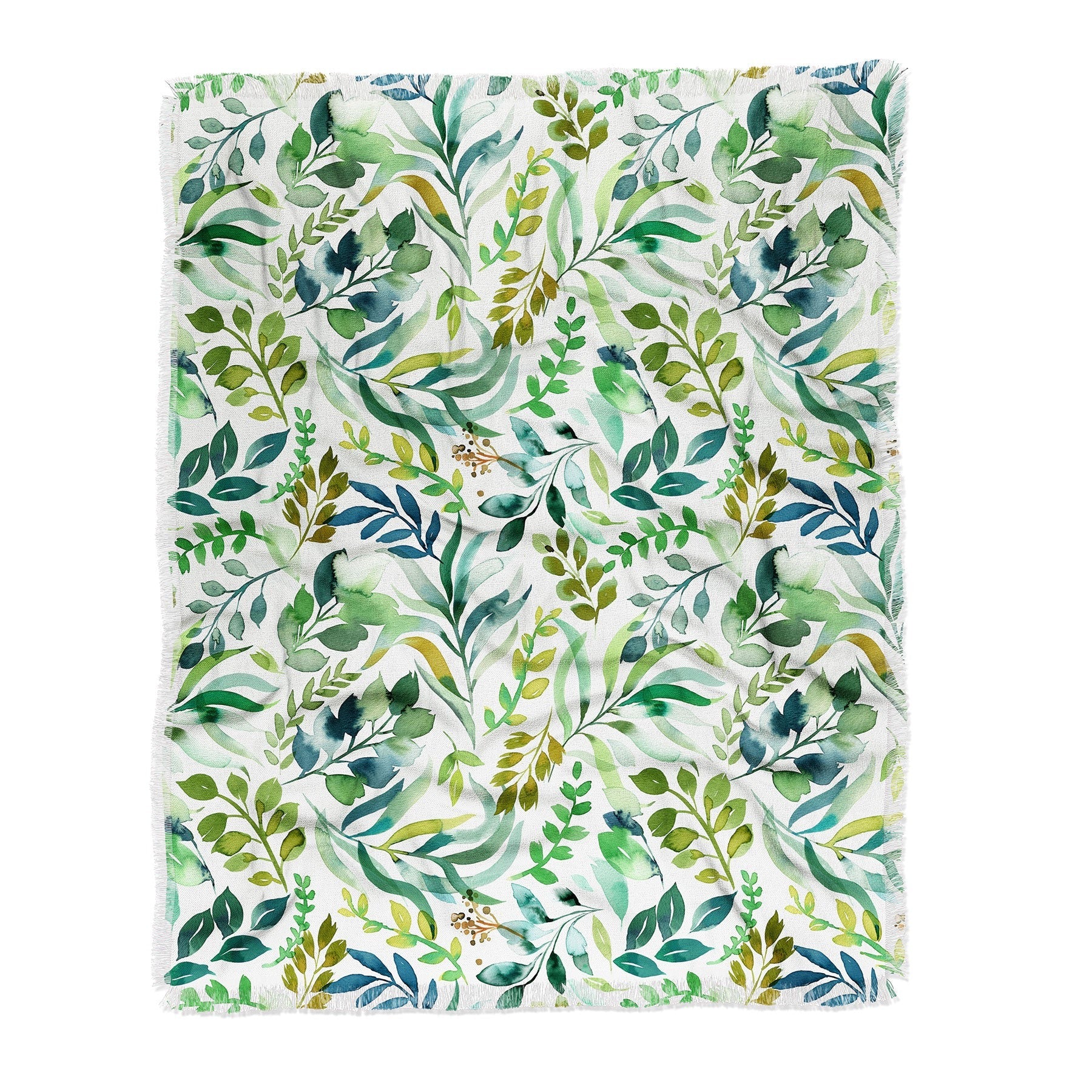 Ninola Design Botanic Retreat Loose Botanical Leaves Watercolor Green Throw Blanket