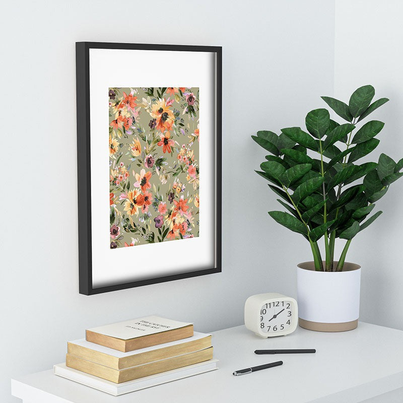 Ninola Design Botanic Retreat Painterly Tropical Flowers Sage Green Recessed Framing Rectangle