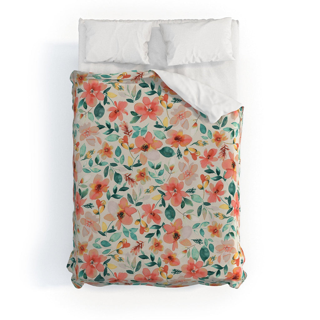 Ninola Design Botanic Retreat Tropical Whimsical Flowers Coral Green Duvet Cover