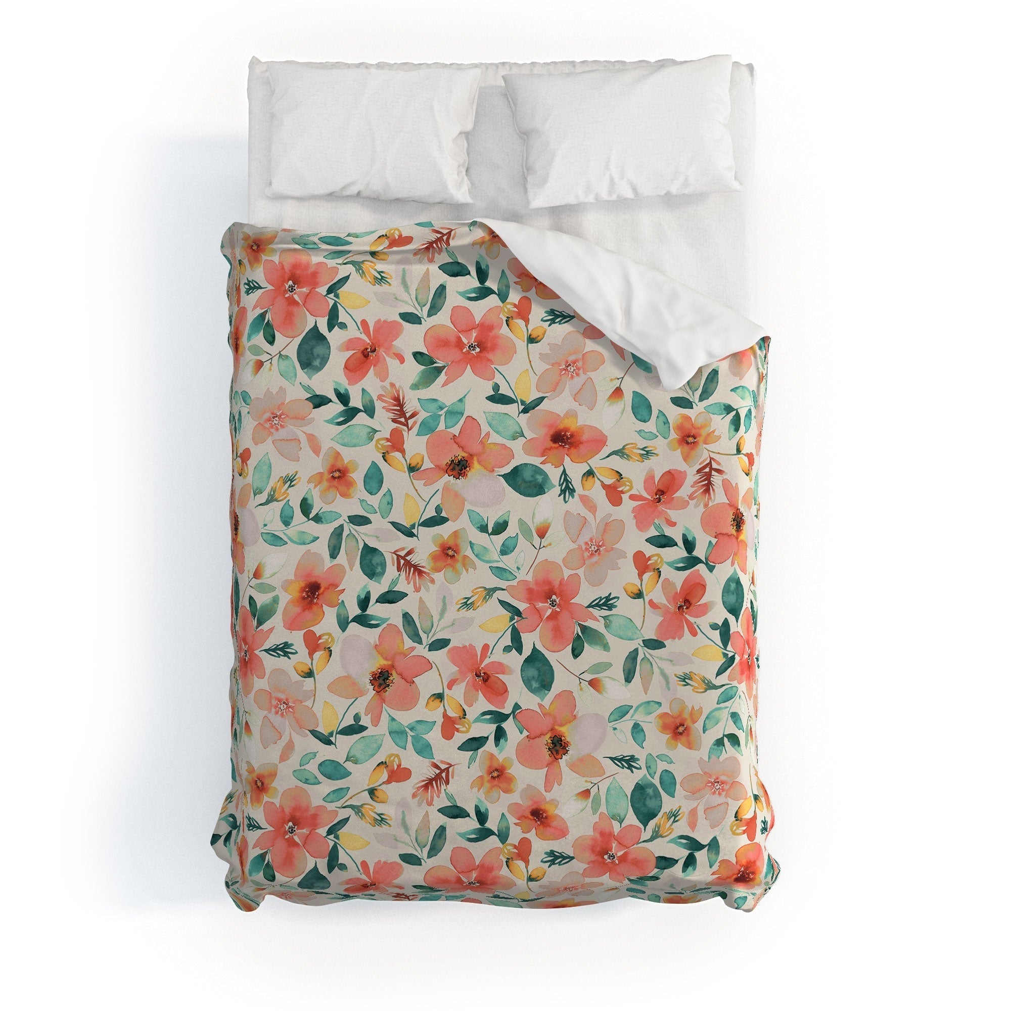 Ninola Design Botanic Retreat Tropical Whimsical Flowers Coral Green Duvet Cover